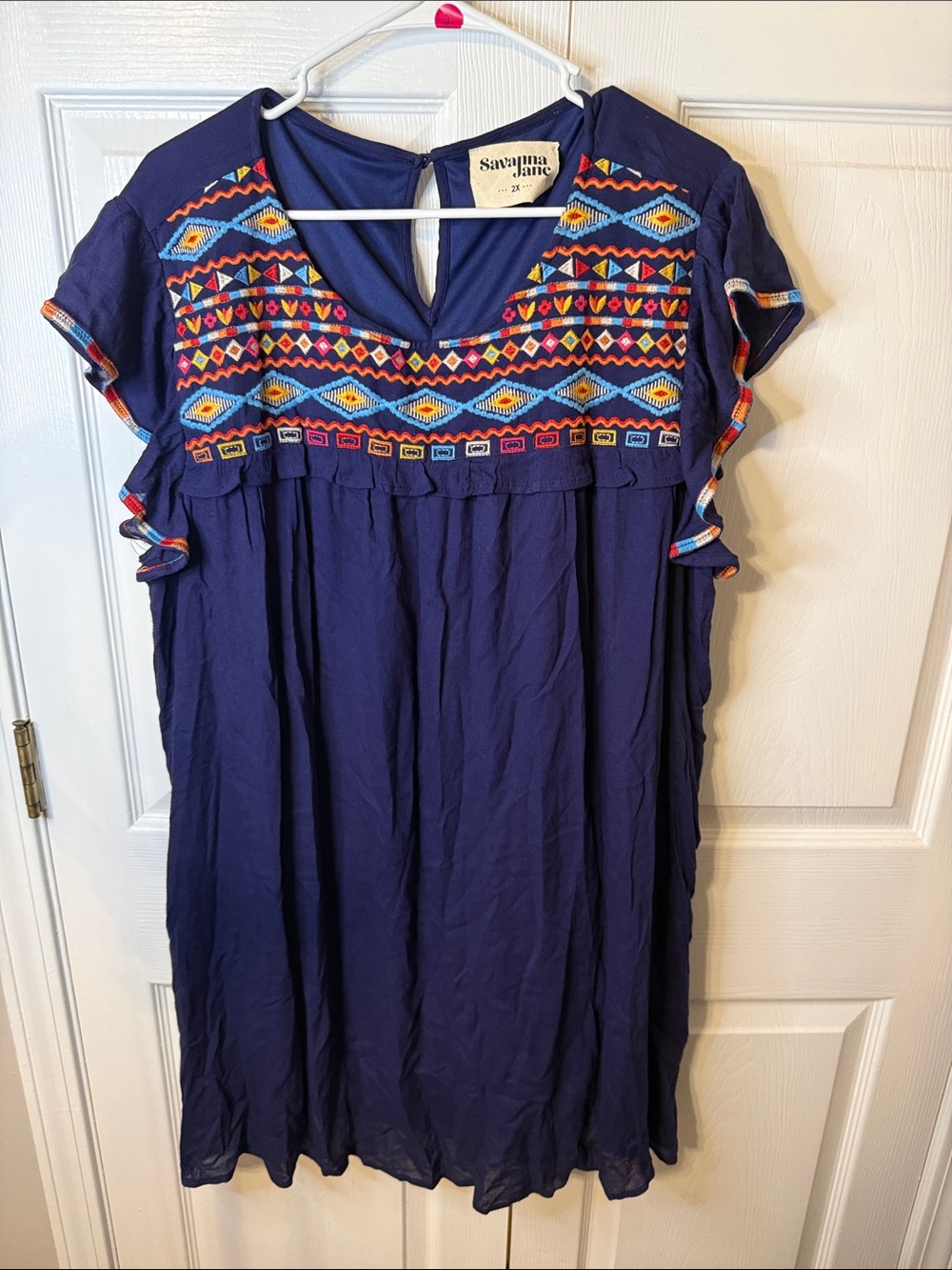 Savanna Jane Navy Multicolor Embroidered Boho Midi Dress